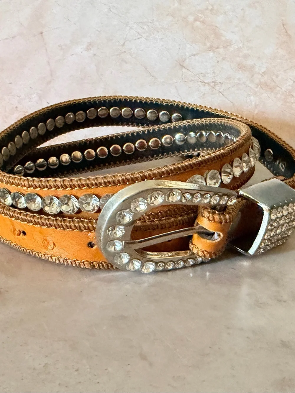 Western Cowgirl Camel Brown Belt Leather Decorated Rhinestones